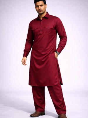 Maroon Pathani Suit for Men in Satin Cotton