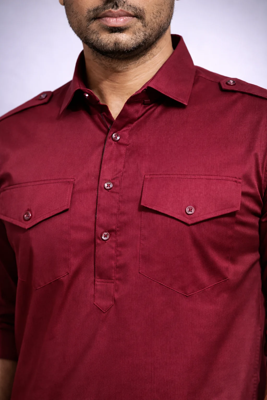 Maroon Pathani Suit for Men in Satin Cotton (Close Up)