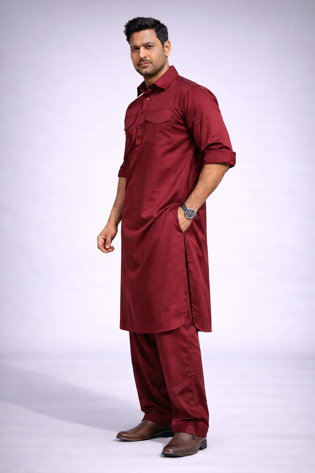 Maroon Pathani Suit for Men in Satin Cotton (Side)