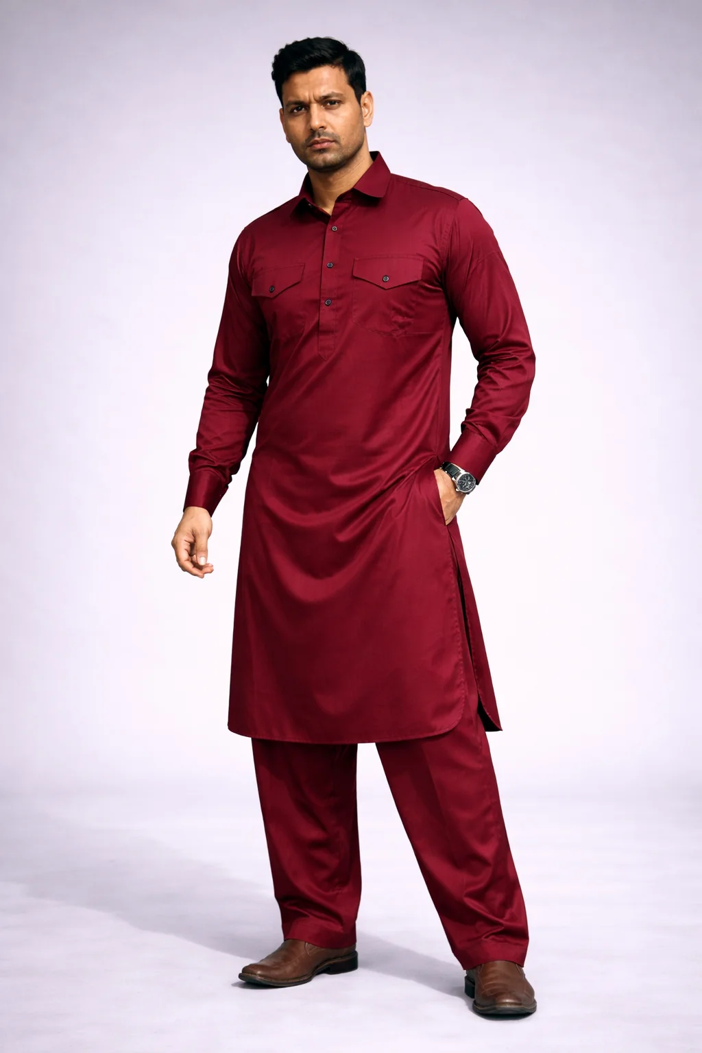 Maroon Pathani Suit for Men in Satin Cotton