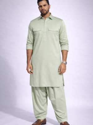 Pista Green Pathani Suit for Men in Satin Cotton