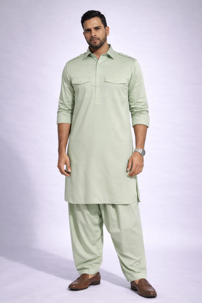 Pista Green Pathani Suit for Men in Satin Cotton