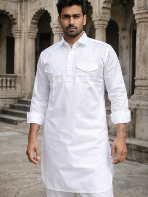 White Pathani Suit for Men in Satin Cotton