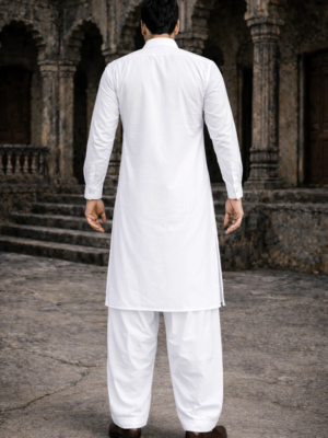 White Pathani Suit for Men in Satin Cotton (Back)