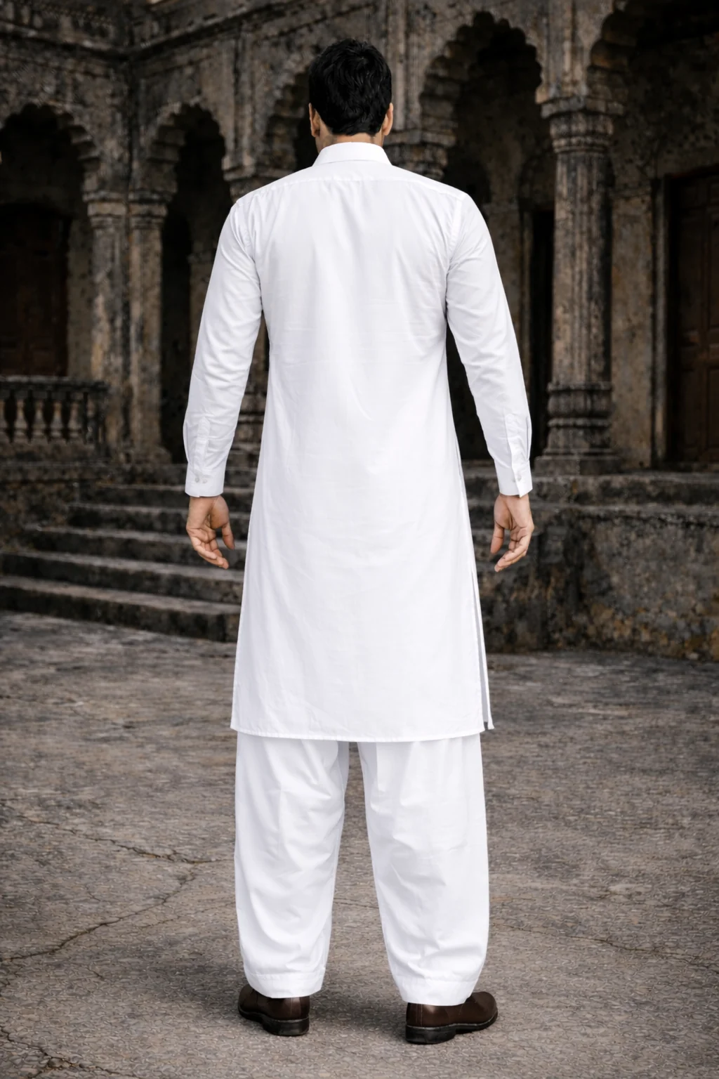 White Pathani Suit for Men in Satin Cotton (Back)