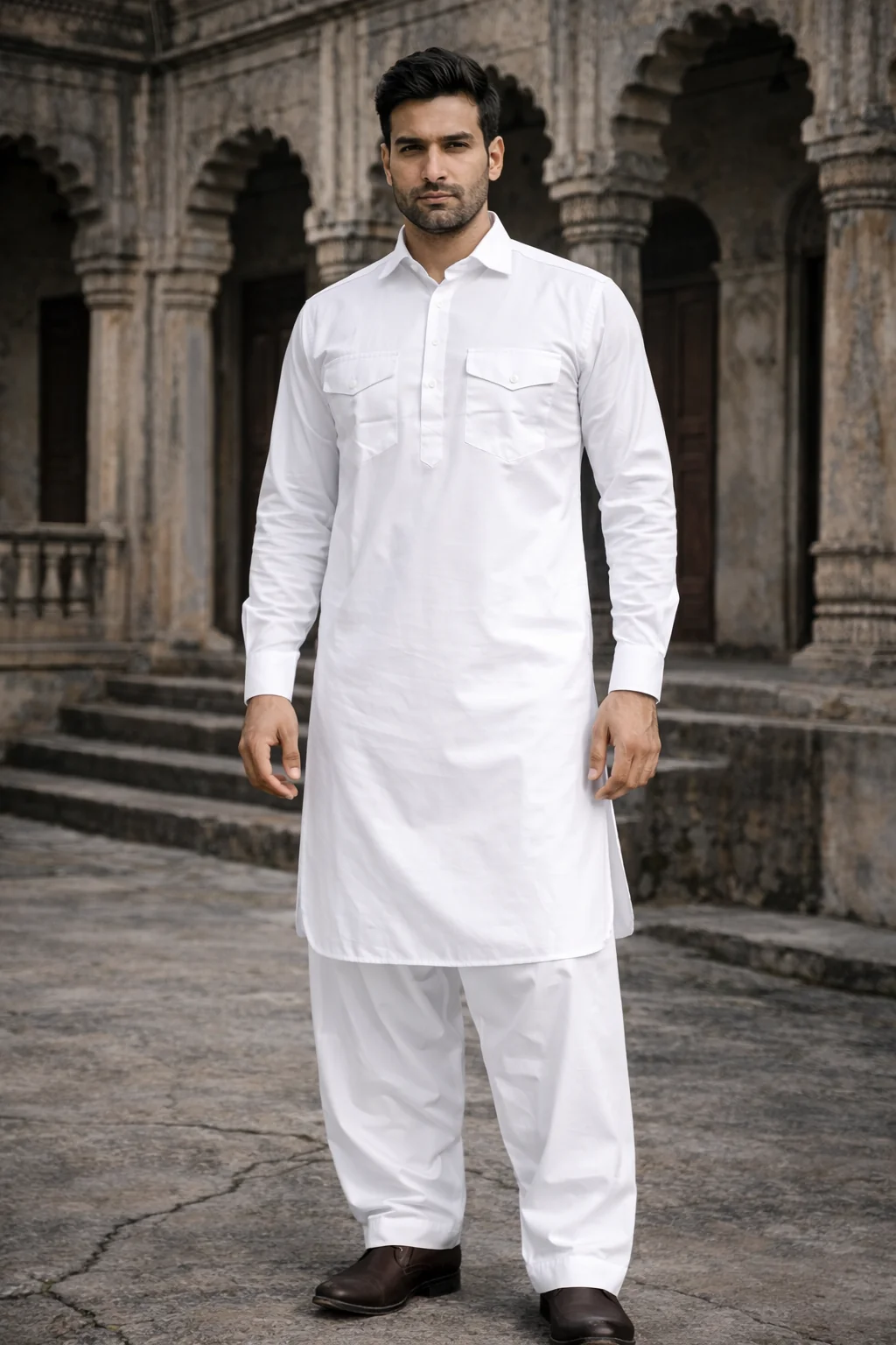 White Pathani Suit for Men in Satin Cotton (Front)