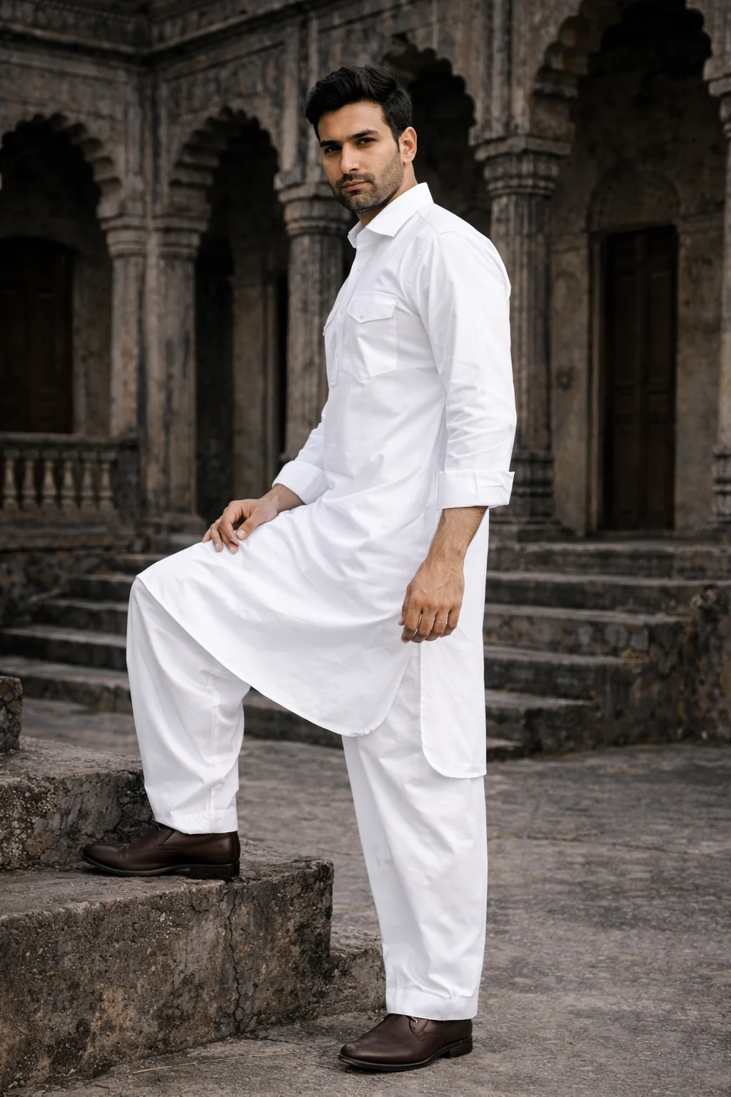 White Pathani Suit for Men in Satin Cotton (Side)