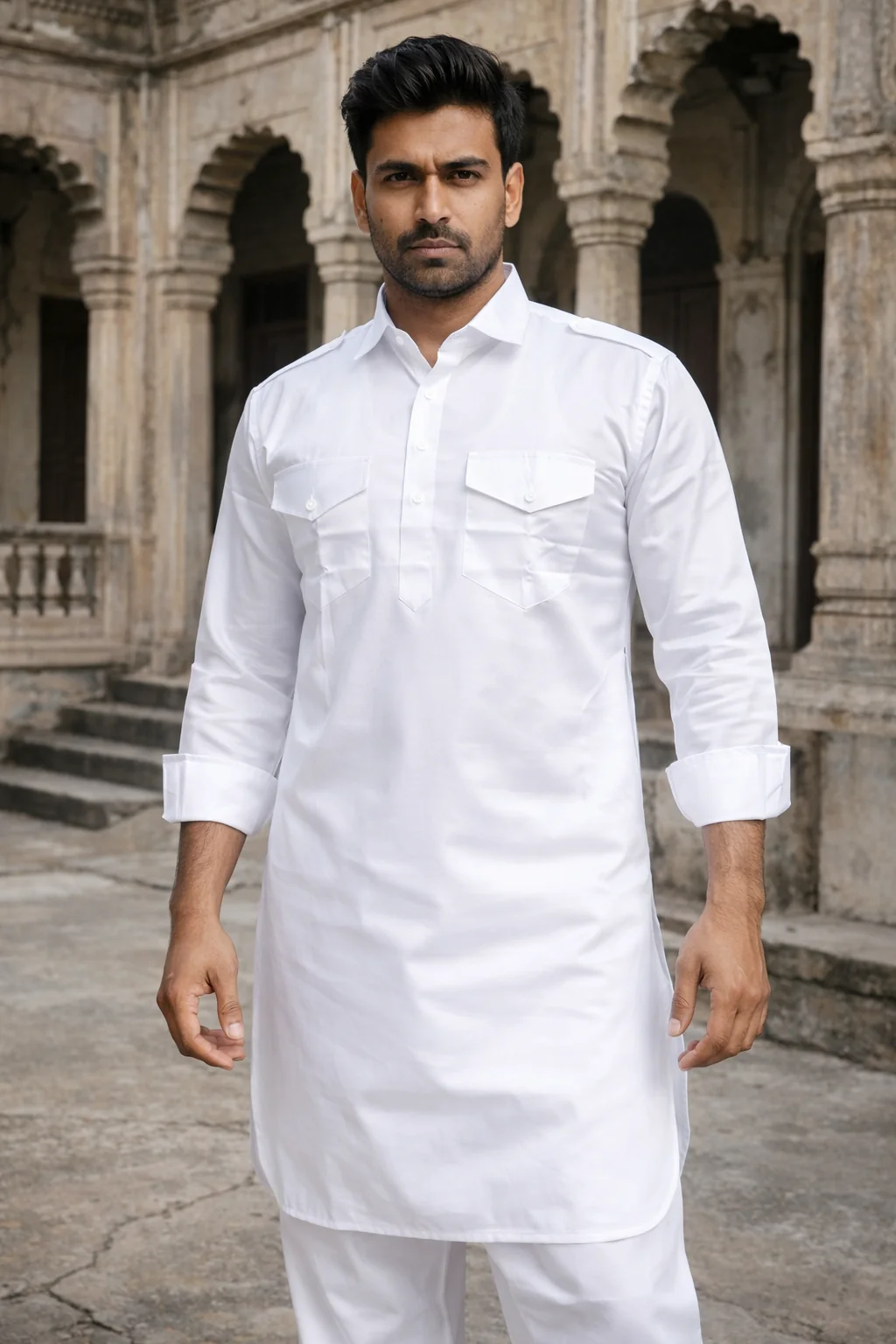 White Pathani Suit for Men in Satin Cotton