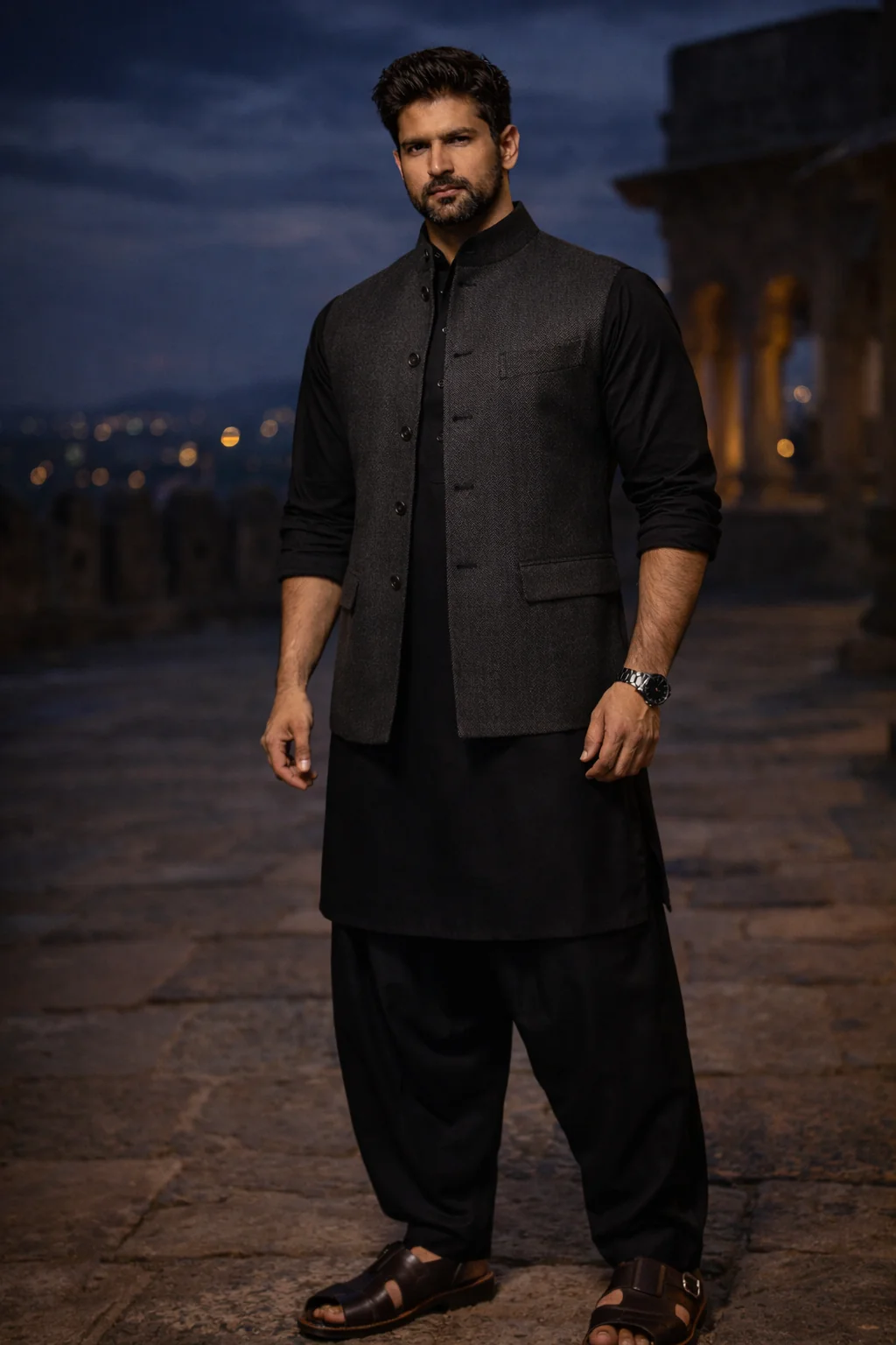 Heavy black Pathani suit with a tailored grey Nehru jacket (Sadri) and brown leather Peshawari chappals for a commanding evening look.
